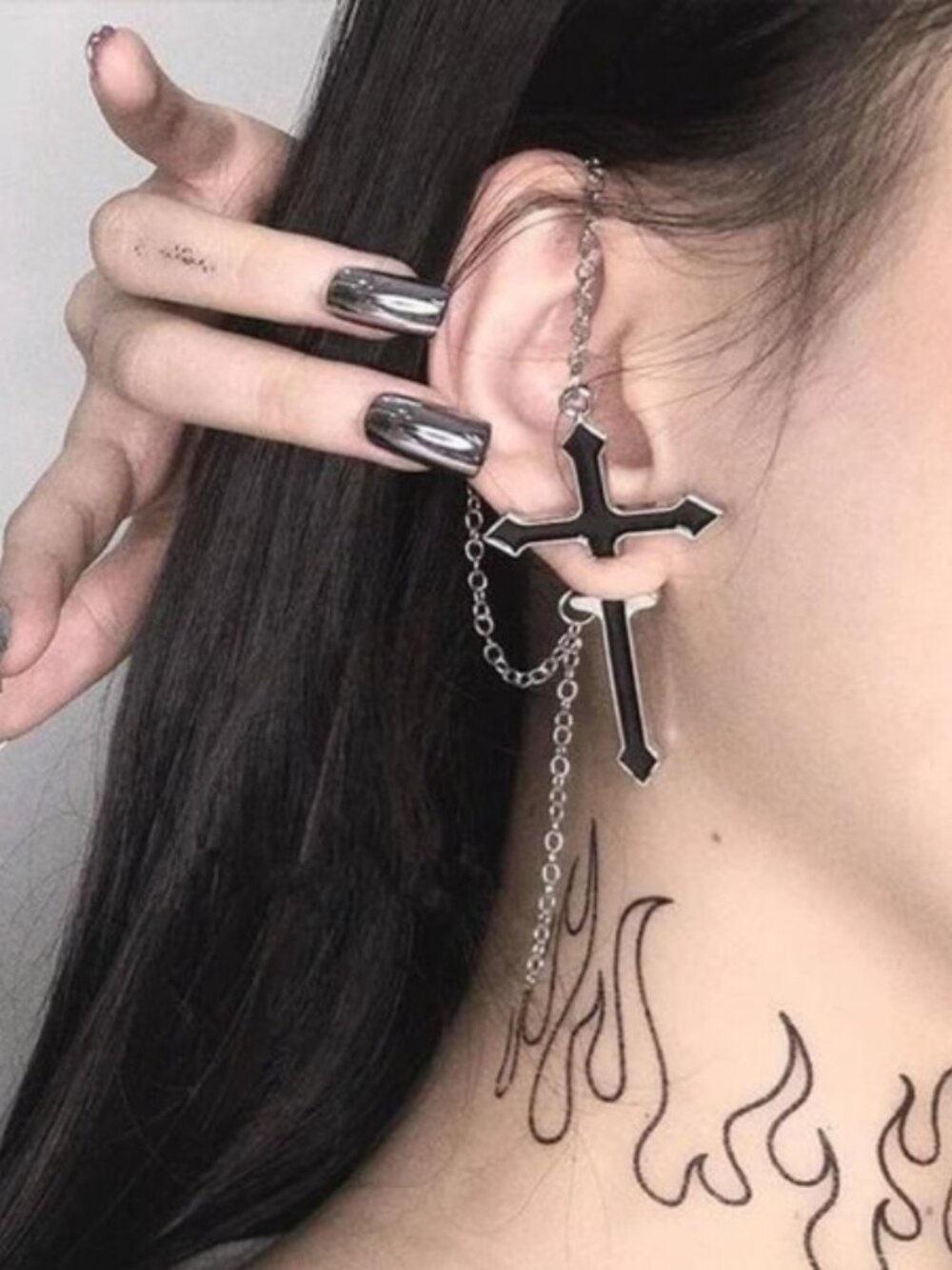 Inverted Cross Chain Ear Cuff Dangle Earring Gothic Punk Emo Pierced Jewelry